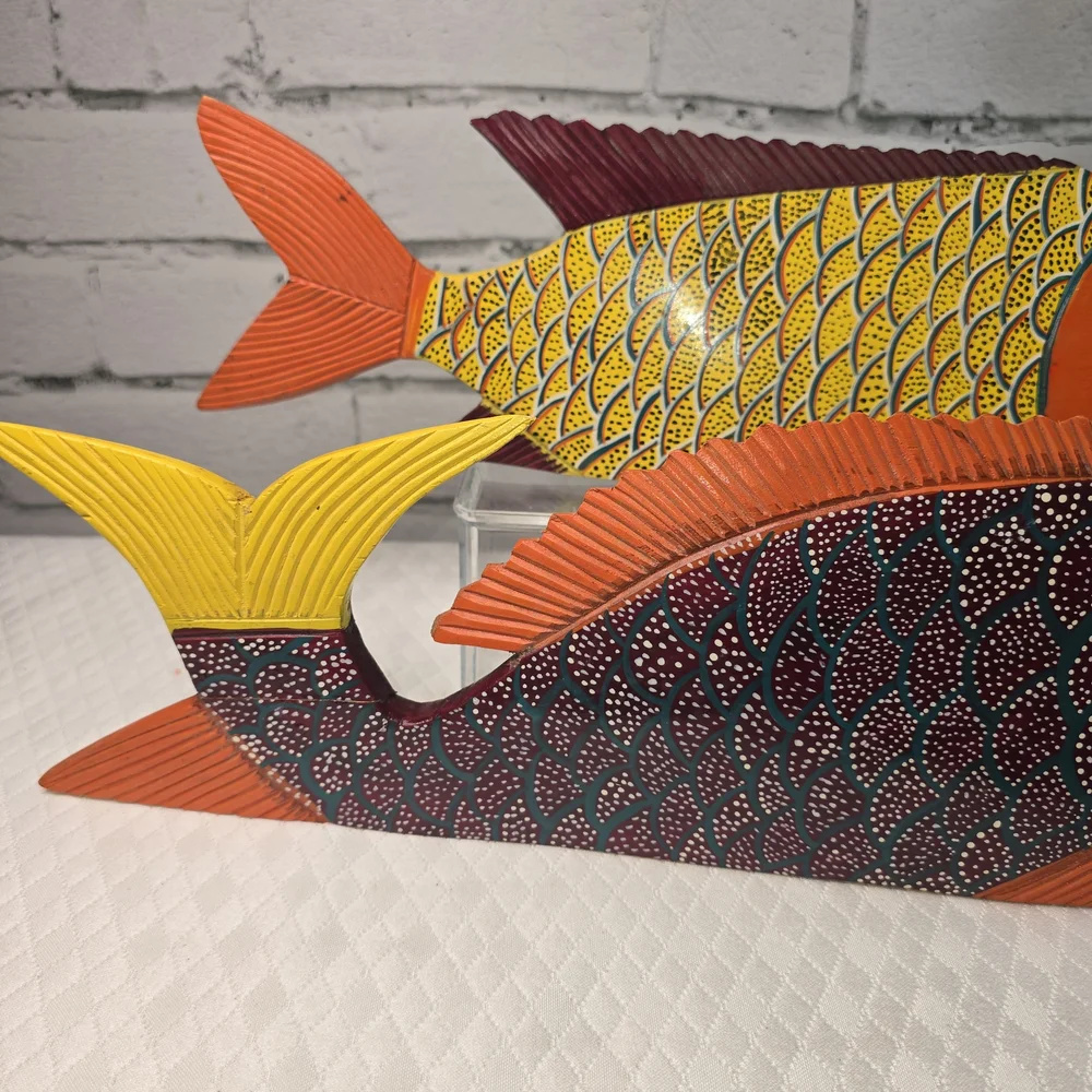 FOLK ART WOOD CARVED FISH SCULPTURE SET BRIGHT MEXICAN BEACH DECOR